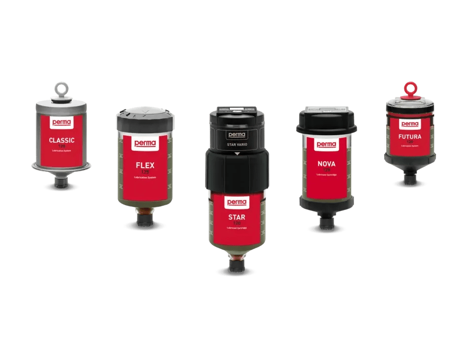 A line up of different models of perma auto lubricators with no background