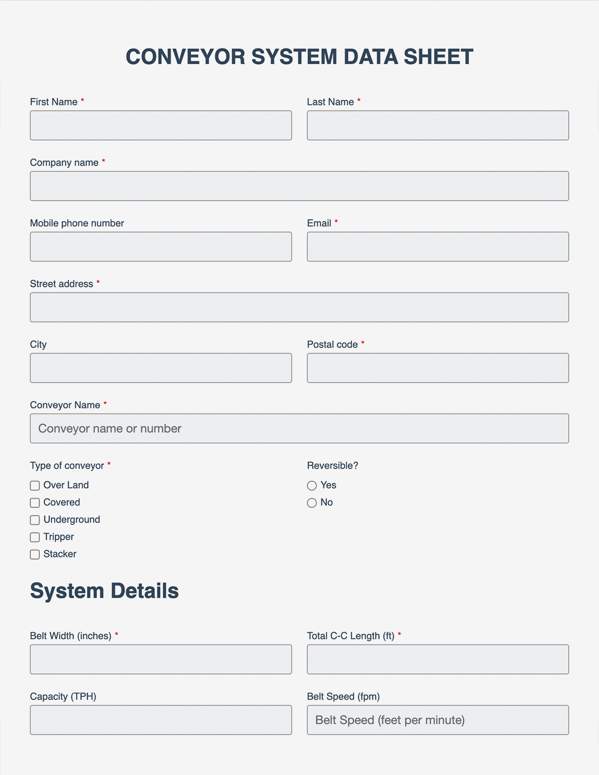 Conveyor System Data Sheet